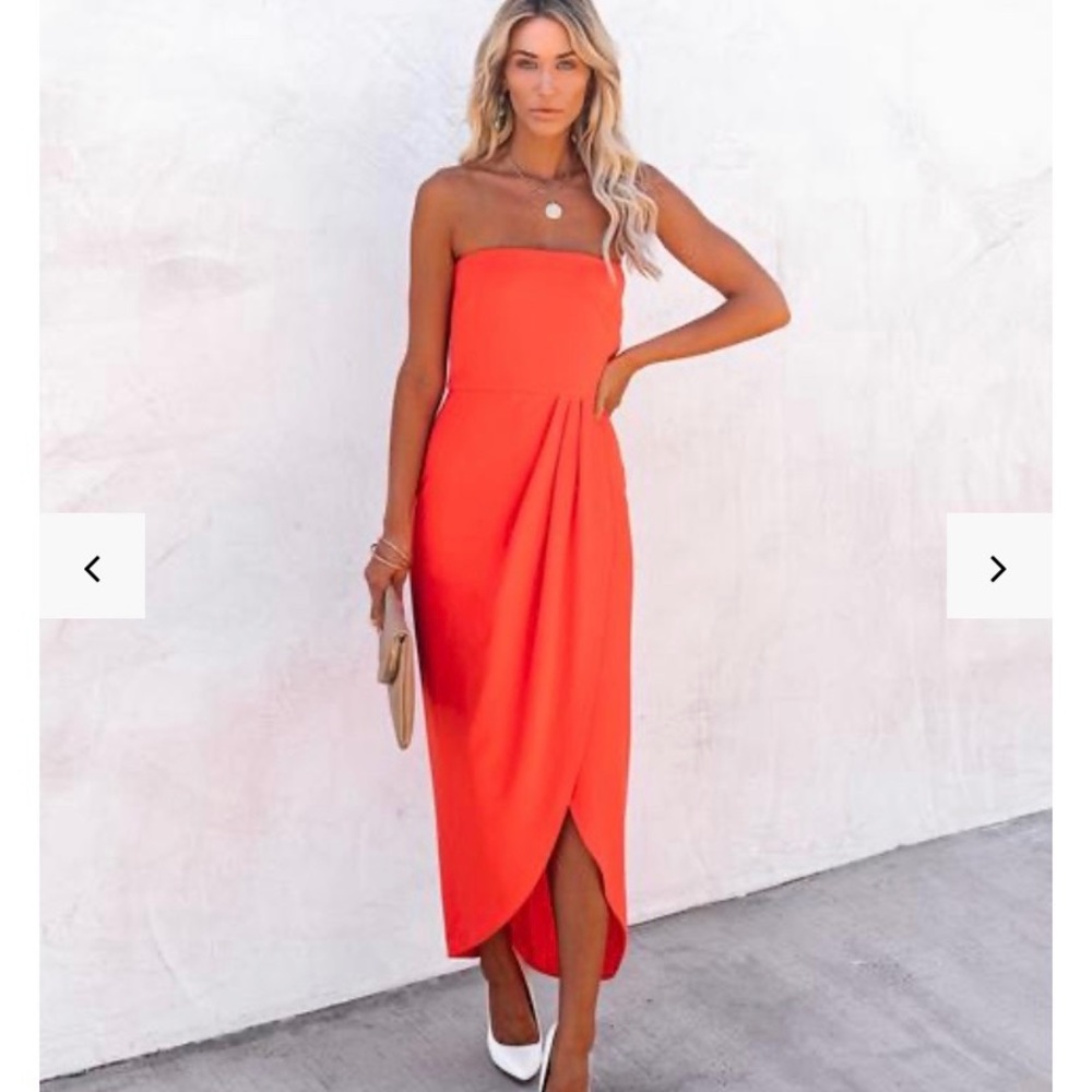 Aglow orange strapless draped midi dress - size S